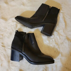 Crown Vintage Block Heel Black Leather Fashion Ankle Boots Zip 7